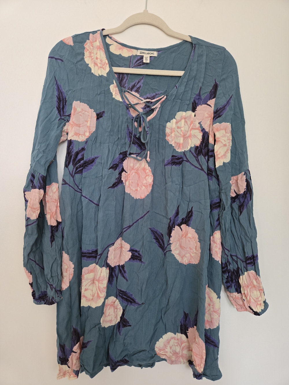 Billabong Teal Blue Pink Floral Lace-Up Tunic